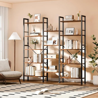 Furologee Triple Column 5 Tier Bookshelf, Large Bookcase with 14 Display Shelves, Adjustable Book Shelf with 6 Hooks, Rustic Bookshelves Storage Organizer, Shelving Unit for Living Room, Bedroom