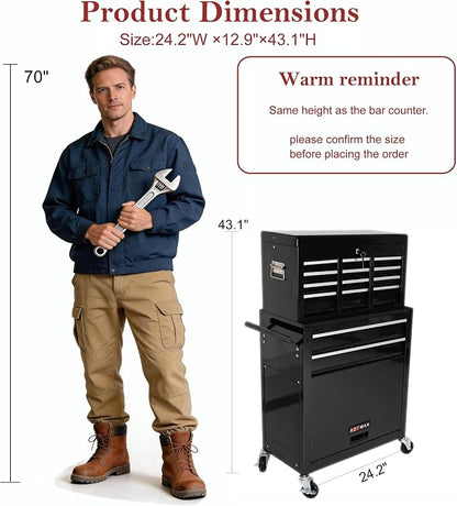 RYH 8 Drawers Rolling Tool Chest & Tool Box on Wheels | Heavy Duty Metal Cart with Ball Bearing Drawers | Fits US General Tool Box for Garage Storage (Black, 8 Drawers /43.1" H × 24.2" W)