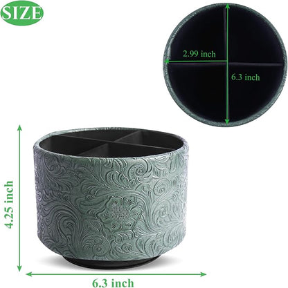 lizimandu Round Leather Art Supply Organizer,Remote Control Holder,360 Degree Spinning,Multi-Functional Pencil Holder,4 Compartments Desktop Stationary Organizer(1-Carved Cooper Green)