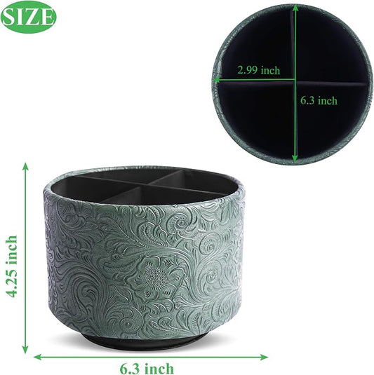 lizimandu Round Leather Art Supply Organizer,Remote Control Holder,360 Degree Spinning,Multi-Functional Pencil Holder,4 Compartments Desktop Stationary Organizer(1-Carved Cooper Green)