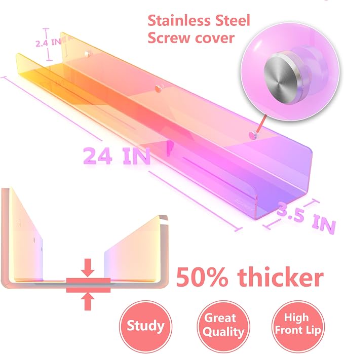 24 inches Iridescent Acrylic Bookshelf for Kids, Wall Mounted Kids Display Book Shelves for Room Nursery Toddler Classroom (2 Packs)
