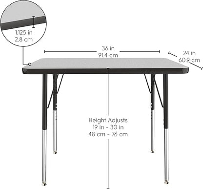 FDP Rectangle Activity School and Office Table (24 x 36 inch), Standard Legs with Swivel Glides, Adjustable Height 19-30 inches; Quick Ship Single Box - Gray Top and Black Edge