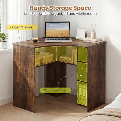 Tangkula Corner Desk with Charging Station, 90-Degree Triangle Computer Desk with Ergonomic Curved Edge & Open Storage Shelves, Writing Study Desk for Small Spaces Home Office