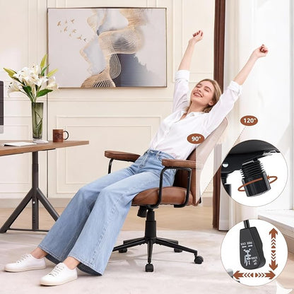 Mid Century Modern Office Chair with Inflatable Lumbar Support, Ergonomic Brown PU Leather Desk Chair with Arms, Height Adjustable Swivel Executive Computer Chair for Home Office (Brown)