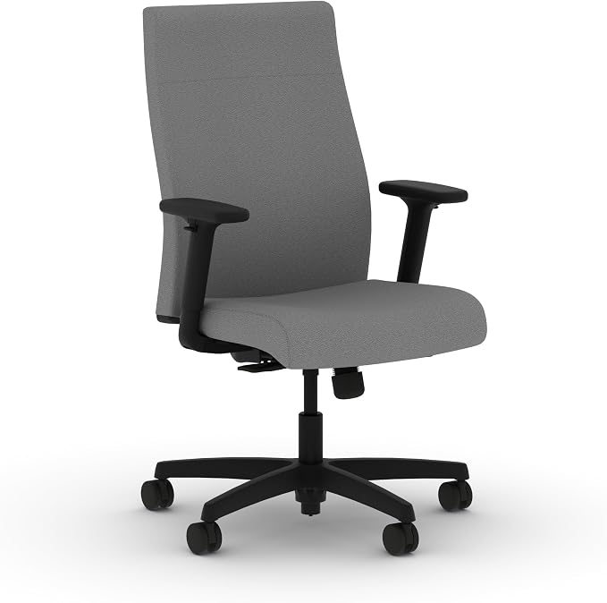 HON Ignition 2.0 Ergonomic Office Chair with Adjustable Arms, Standard Synchro‑Tilt Recline, Upholstered Desk and Computer Chair for Home Office or Workstation, Black Frame, Frost