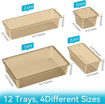 ElegantArray 12 PCS Drawer Organizer Set, 4 Sizes Tool Storage Trays, Clear Plastic Makeup Vanity Organizer and Storage Bins for Stationeries, Multiple Gadgets for Office, Bedroom, Champagne