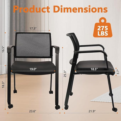 CLATINA Stacking Office Chair with Wheels, Mesh Back Waiting Room Guest Chairs with Arms Comfortable Leather Cushion Stackable Desk Chair for Conference Reception School Side Stationary, Black, 8 PK