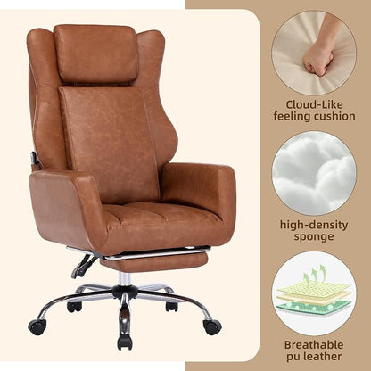 DYHOME Brown Leather Office Chair Cross Legged Sitting with Massage and Footrest, Heavy Duty Desk Chairs, Swivel Ergonomic Computer Gaming Chairs with Lumbar Support, Wheels Flip-up Arms Adjustable