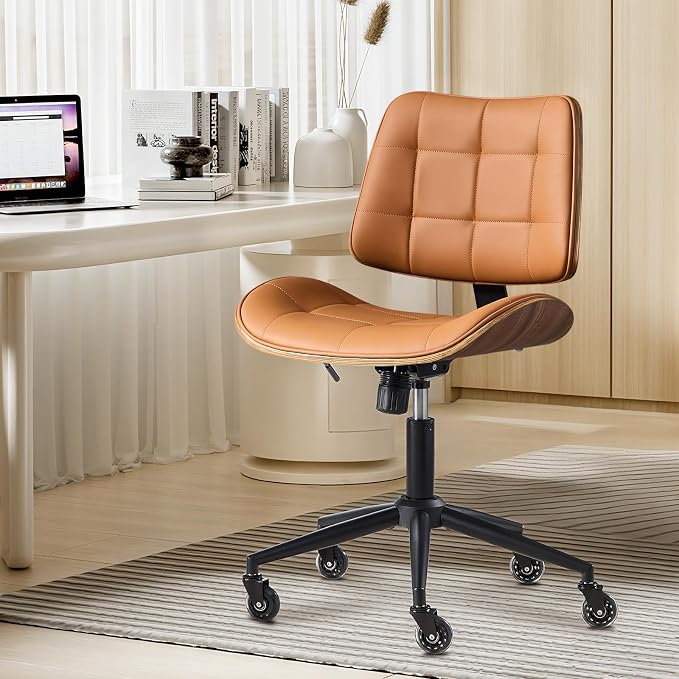 BV Armless Office Chair with Rubber Wheels, 360° Swivel Adjustable Task Chair, PU Leather Rolling Desk Chair for Home Office, Study and Conference Room, Brown