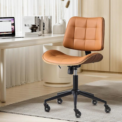 BV Armless Office Chair with Rubber Wheels, 360° Swivel Adjustable Task Chair, PU Leather Rolling Desk Chair for Home Office, Study and Conference Room, Brown
