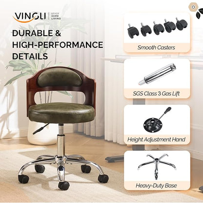 VINGLI Armless Home Office Desk Chair, Adjustable Swivel Chair,Dual-Use with/no Wheels,Small Retro Designed Walnut Curved Task Chair,Cushioned Nail Tech Chair for Study Area,Workspace,PU,Olive Green