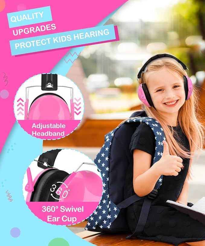 ZOHAN 032 Kids Noise Cancelling Headphones - 25dB NRR Kids Ear Protection, Hearing Protection Safety Ear Muffs for School Monster Truck Fireworks Traveling Studying Concerts Autism - Hot Pink
