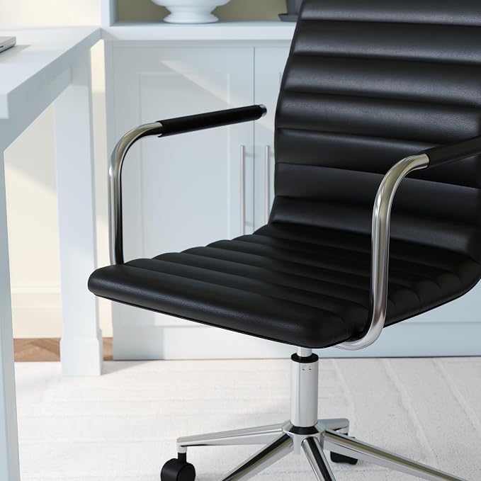 Martha Stewart Taytum Swivel Task Chair with Armrests for Home Office in Black Faux Leather with Polished Nickel Frame