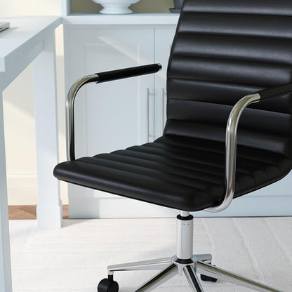 Martha Stewart Taytum Swivel Task Chair with Armrests for Home Office in Black Faux Leather with Polished Nickel Frame