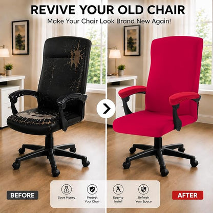 Stretch Computer Office Chair Cover with Armrest Covers Durable Zipper Universal Washable Removable Spandex Rotating Boss Chair Slipcovers Anti-dust Soft Desk Chair Seat Protector, Red