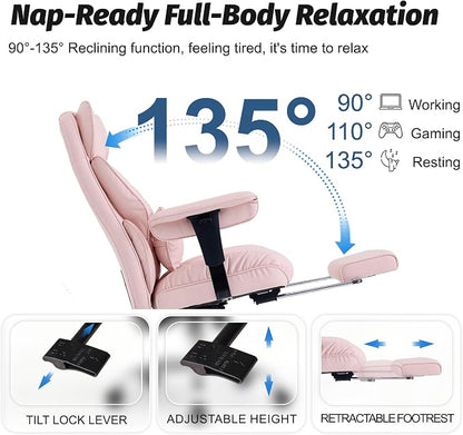 Efomao Executive Office Chair 400lbs,Pink Big and Tall Desk Chair | Mattress-grade pocket spring cushion, sleek leather, 135° recline & footrest for computer gaming setup.