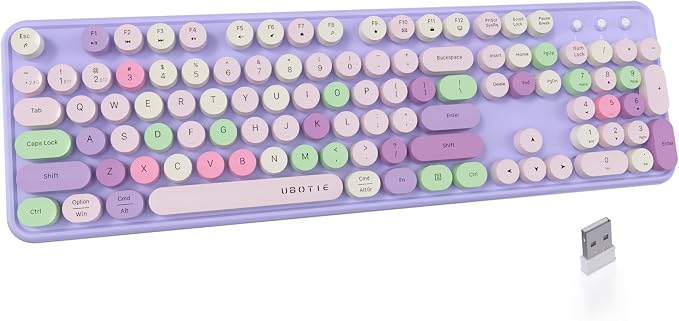 UBOTIE Dual Mode Colorful Wireless Keyboard, Bluetooth and USB Receiver Retro Typewriter Round Keycaps Keyboard Support Multi Devices for PC Laptop Tablet Phones(Purple Colorful)