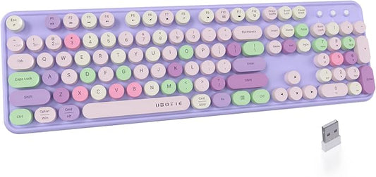 UBOTIE Dual Mode Colorful Wireless Keyboard, Bluetooth and USB Receiver Retro Typewriter Round Keycaps Keyboard Support Multi Devices for PC Laptop Tablet Phones(Purple Colorful)