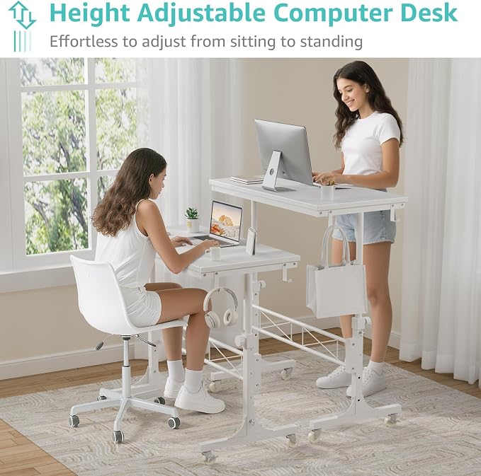 WINAZ Rolling Standing Desk with Wheels, 32" Adjustable Height Small Portable Teacher Desk for Classroom, Mobile Treadmill Walking Pad Table for Laptop, Compact White Home Office Workstation