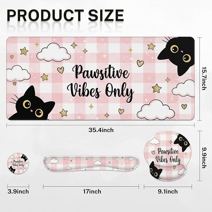 Britimes Pink Cat Kawaii Keyboard Mouse Pad Set Cloud Gingham 4in1 Large Mousepad+Keyboard Wrist Rest+Mouse Wrist Rest+Coaster Ergonomic Design for Home Office Computer 35.4x15.7 inches