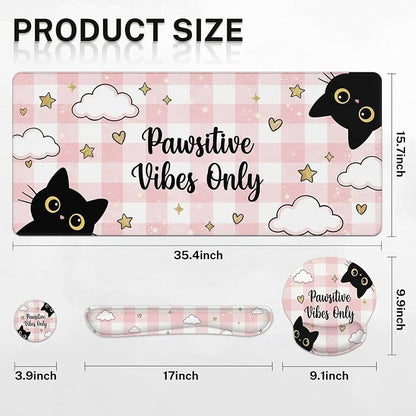 Britimes Pink Cat Kawaii Keyboard Mouse Pad Set Cloud Gingham 4in1 Large Mousepad+Keyboard Wrist Rest+Mouse Wrist Rest+Coaster Ergonomic Design for Home Office Computer 35.4x15.7 inches