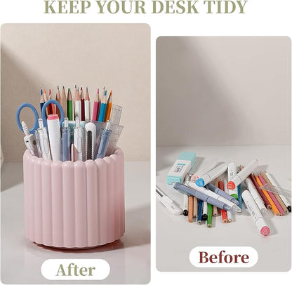Anyoifax 360° Rotating Pen Holder 7 Slots Desk Organizer Removable Pencil Cup Plastic Art Supplies and Accessories Desktop Storage Box Caddy for Office, School, Home (Pink)