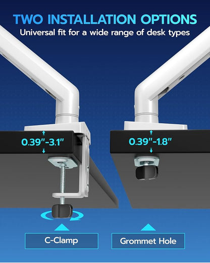 ARES WING Heavy Duty Single Monitor Arm - Fully Adjustable Monitor Mount for 17"-40" Ultrawide Screens up to 26.4 lbs with Clamp/Grommet Desk Mount and USB A/C, 75/100 Vesa Mount, White