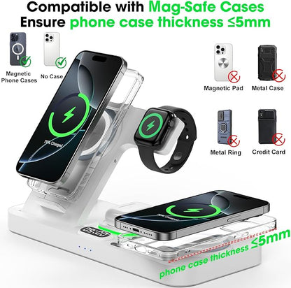 Dual Phone Wireless Charging Station for Apple Devices, Magnetic Charging Station for iPhone with Auto Switch 7-Color Light&Clock, Family Watch Charger for iPhone17 for iWatch11 for AirPods Pro3(White