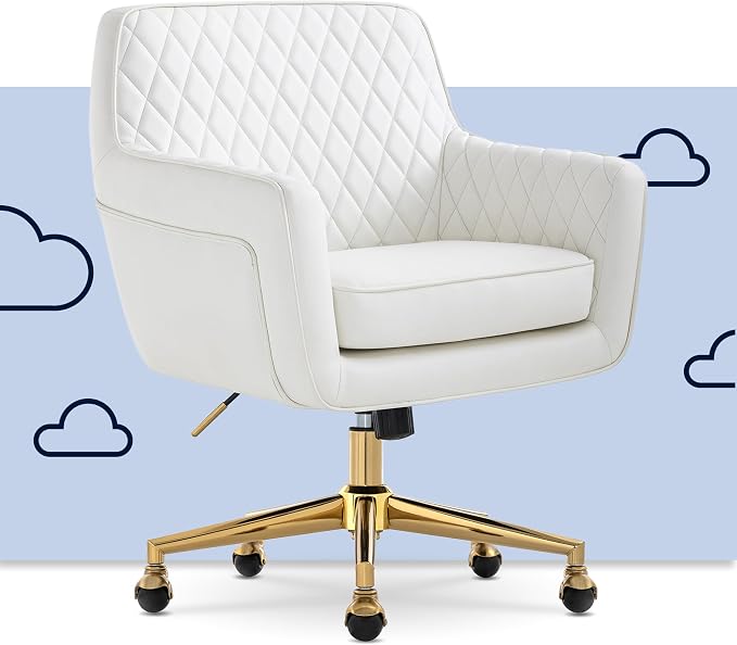 Serta Ashleigh Modern Office Chair, Diamond-Tufted Design, Pocket Coil Seat Cushion, Stylish Mid-Century Accent Armchair, Women's Vanity or MakeupChair, Polished Gold Swivel Base, White Bonded Leather