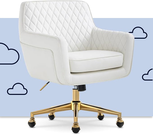Serta Ashleigh Modern Office Chair, Diamond-Tufted Design, Pocket Coil Seat Cushion, Stylish Mid-Century Accent Armchair, Women's Vanity or MakeupChair, Polished Gold Swivel Base, White Bonded Leather