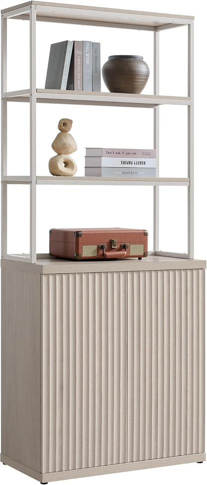 SICOTAS Book Shelf Fluted Bookshelf Cabinet - 75" Tall Bookcase 6 Tier Large Bookshelves with Doors Storage Modern Wide Book Shelves Case for Living Room Home Office Library, Metal Frame, White Alder
