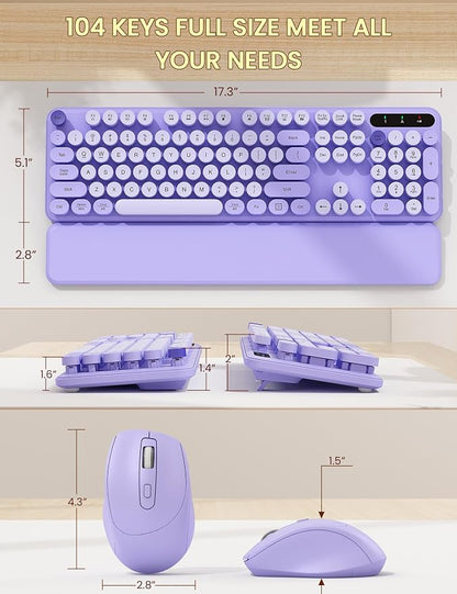 Wireless Keyboard and Mouse Combo - Cute Typewriter Keyboard with Detachable Wrist Rest, Retro Round Keycaps, Foldable Legs, 2.4GHz Full-Size Keyboard for PC, Laptop, Mac, Windows - Trueque (Purple)