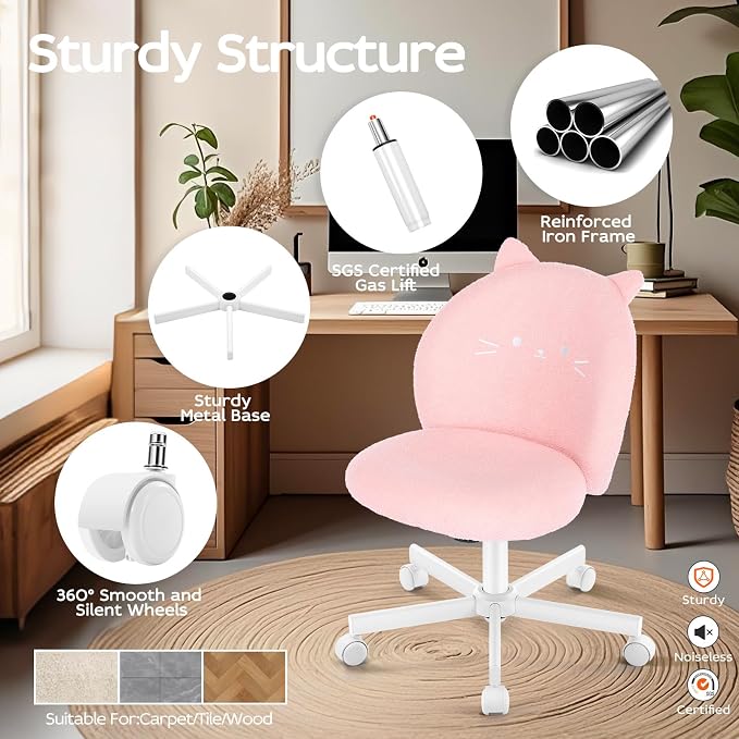 Vanity Chair with Cat Back,Armless Desk Chair Cute Small Office Chair,Teddy Fabric Computer Chair with Adjustable Height,120°Tilting,Rolling,Swivel for Vanity,Kids Room,Office,Bedroom Pink