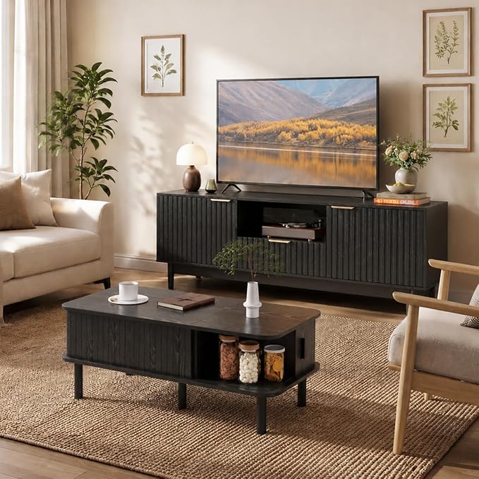 TV Stand and Coffee Table Set of 2, Mid Century Modern Lift Top Coffee Table, TV Console Table Living Room Table Sets for Living Room, Bedroom, Home Office, Black