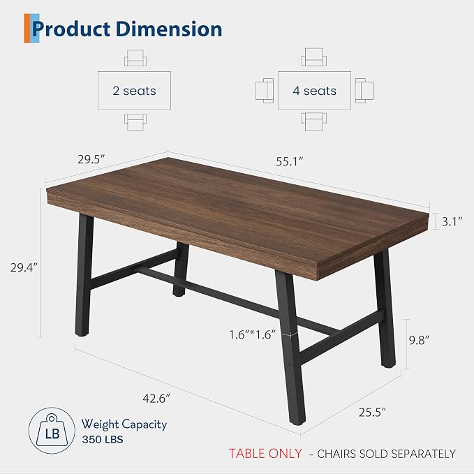 GarveeHome Industrial Dining Table for 2-4, 55" Heavy Duty Rectangular Kitchen Table with 2"×2" Metal Legs, Small Space Dining Table for Kitchen, Dining Room (Brown, 55" Non-extendable)