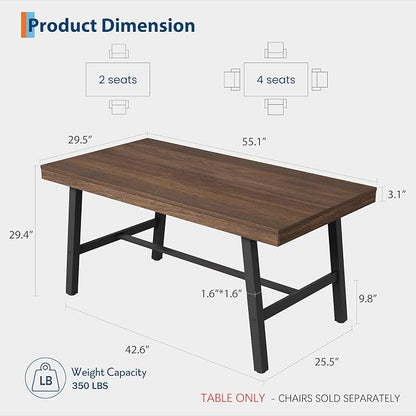 GarveeHome Industrial Dining Table for 2-4, 55" Heavy Duty Rectangular Kitchen Table with 2"×2" Metal Legs, Small Space Dining Table for Kitchen, Dining Room (Brown, 55" Non-extendable)