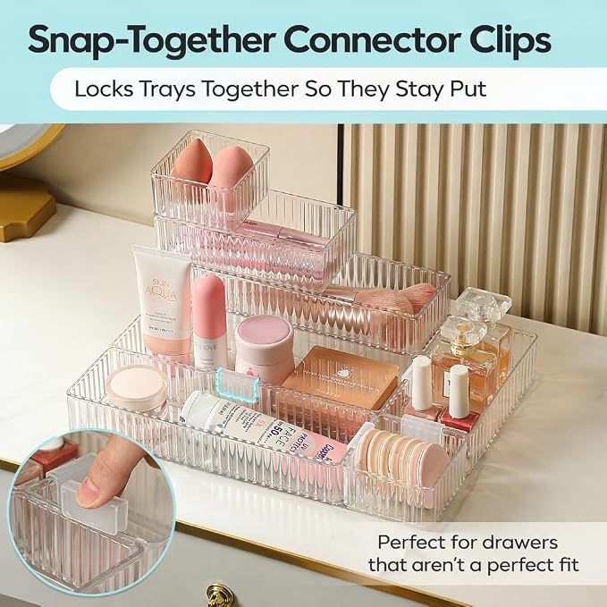 7 Pcs Clear Stackable Drawer Organizer Bins with 7 Connector Clips | 4 Sizes Interlocking Trays for Bathroom, Vanity, Makeup, Office Desk & Kitchen; Clear PET, Non-Slip, Stackable