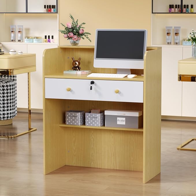 OmySalon Reception Desk with Counter, Small Front Desk w/Lockable Drawer, Wooden Modern Reception Table for Salon Lobby Office Home (Original Wood, 32)