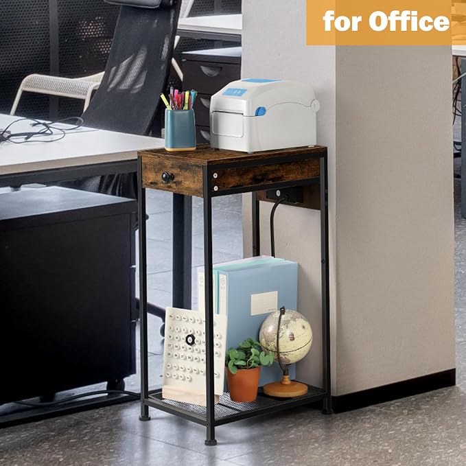 Vrisa Home Printer Stand with Storage Drawer Printer Table Desk with Charging Station Small Printer Cart Holder with Wheels for Home Office Computer PC Tower Label Shredder Stands, Rustic Brown