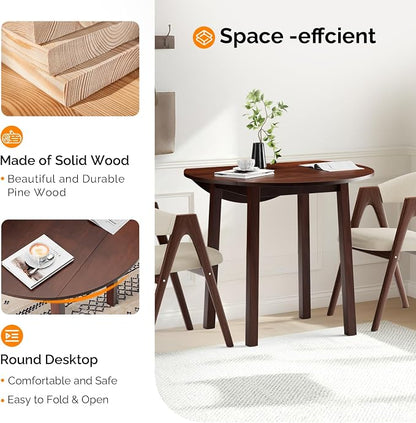 VINGLI 35" Solid Wood Folding Dining Table, Drop Leaf Kichen Dining Room Desk for Small Spaces, Small Kitchen, Expandable Folding Round Table for Home, Apartment,Office, Brown