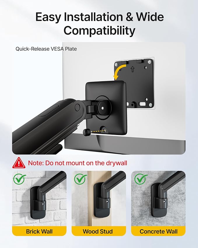 monTEK Single Monitor Wall Mount for 17 to 40 inch Screen, Heavy-Duty Holds up to 26.4lbs,Adjustable Full Motions Mechanical Spring Arm, VESA 75x75/100x100,Black