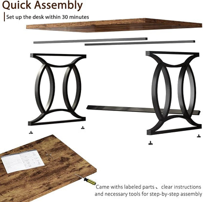 HSH Rustic Home Office Desk, 55 Inch Metal Wood Computer Desk, Simple Industrial Study Executive Desk for Work Writing, Modern Student Gaming Computer PC Table Bedroom, Rustic Brown