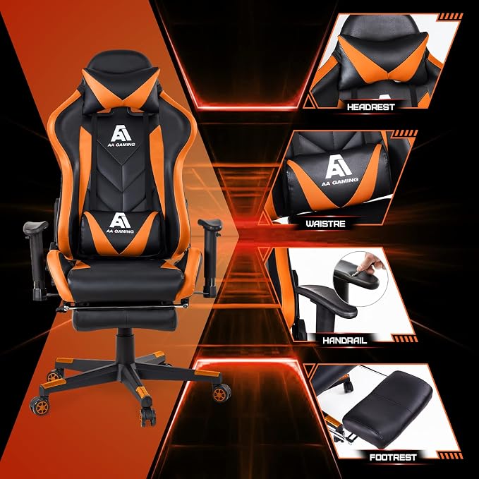 AA Products Gaming Chair High Back Ergonomic Computer Racing Chair Adjustable Office Chair with Footrest, Lumbar Support Swivel Chair - Orange