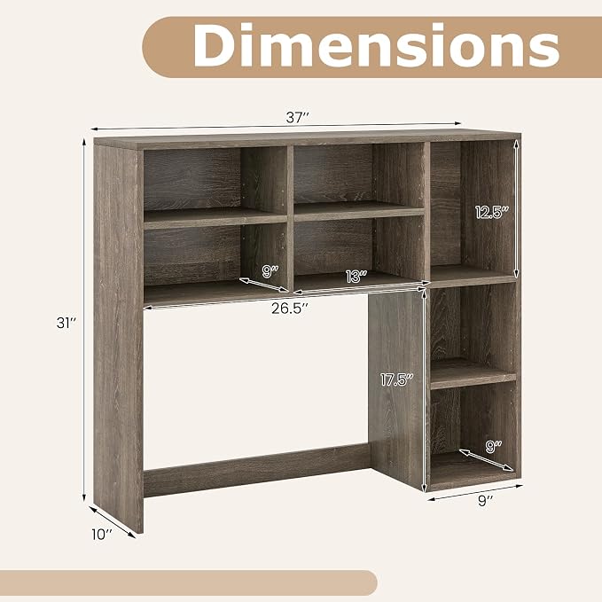 LDAILY 3-Tier Desktop Bookshelf, Wooden Desk Hutch for Computer Monitor Up to 32 Inch, Desk Organizer Shelf with Adjustable Shelf & 6 Storage Shelves, Desk Display Rack for Home Office Dorm (Grey Oak)