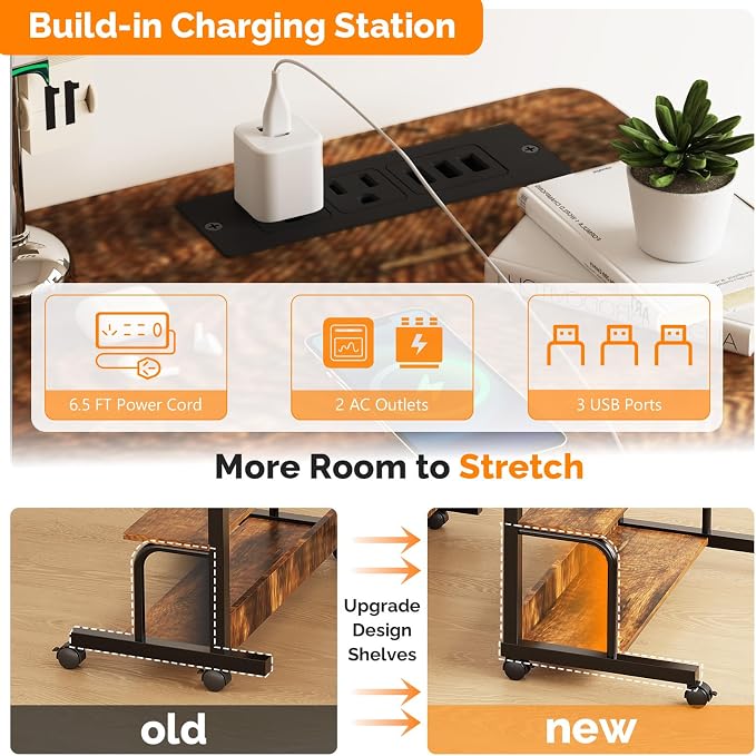 VINGLI 31.5" Mobile Small Standing Desk, Adjustable Height Mobile Computer Desk, w/2 AC Outlets + 3 USB Ports & Hooks, Storage Shelves, Suitable for Gaming, Studying, Home Office, Vintage Brown