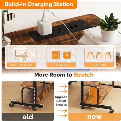 VINGLI 31.5" Mobile Small Standing Desk, Adjustable Height Mobile Computer Desk, w/2 AC Outlets + 3 USB Ports & Hooks, Storage Shelves, Suitable for Gaming, Studying, Home Office, Vintage Brown