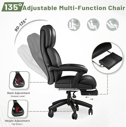 HOMREST Big and Tall Office Chair, 500lbs Heavy Duty Chair with Adjustable Lumbar Support & Backrest, Ergonomic Executive Leather Office Chair with Wide Armrests and Wheels, Black