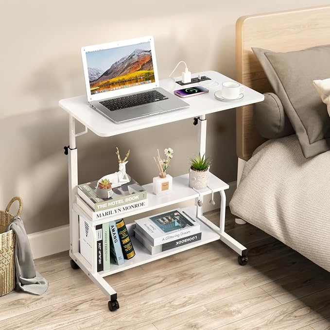 Karl home 31.5" Portable Rolling Desk on Wheels,Height Adjustable Standing Desk with 2 AC Outlets/3 USB Ports,Mobile Laptop Table with Hooks and Storage Shelves for Home Office,White