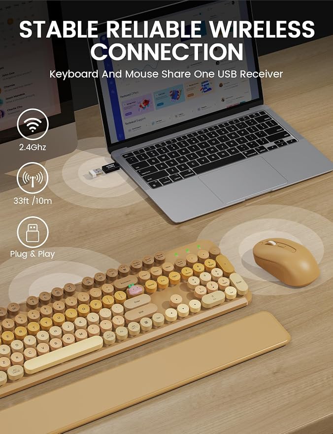 Wireless Keyboard and Mouse Combo, Typewriter Keyboard with Detachable Wrist Rest, Full-Size Retro Round Keycaps, Smart-Sleep, 2.4GHz Stable Connection for Mac/Windows/PC, Trueque (Ombre Latte Beige)