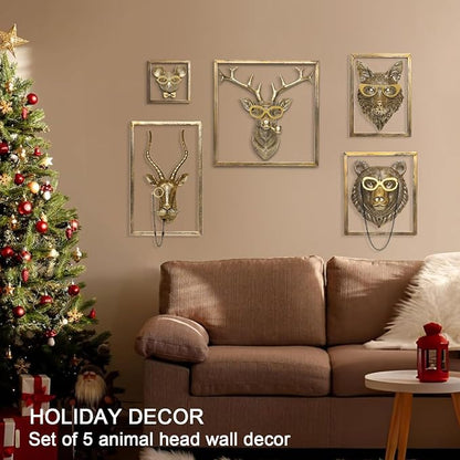 Newinhome Animal Heads Wall Decor (5pcs, Includes Metal Frame) Resin Animals Sculptures Head Wall Hanging Decoration Gold vintage Wall Sculpture for Living Room Bedroom Office